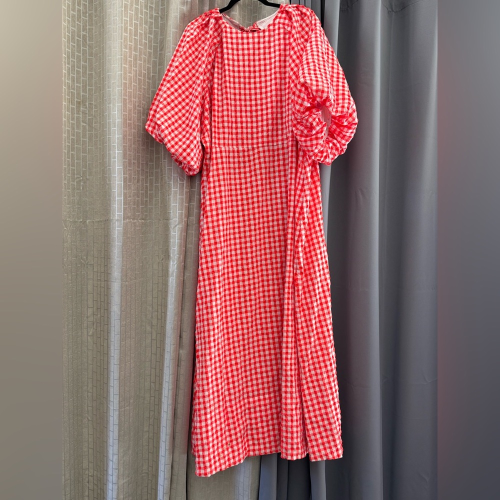 Neon orange/Red plaid dress, Open back with tie